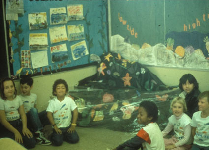 Young students with their ocean art work