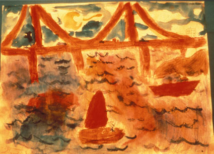 Student drawing of Golden Gate Bridge and boats
